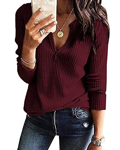 StyleDome Waffle Knit Shirts for Women V Neck Long Sleeve Henley Tee Loose Casual T-Shirts 01 Wine Red L