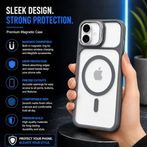 Image of MagPro ClearBack Case with Stand for Apple iPhone 17 Anti Yellow, Strong MagSafe Compatible Cover, Shockproof Armor, Scratch Resistant Polycarbonate Hard Back with Soft TPU Bumper Grey