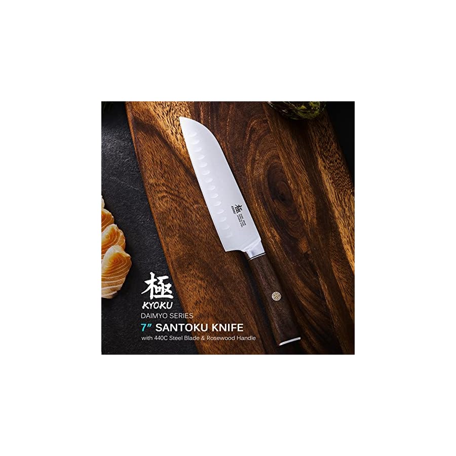 KYOKU 7 Inch Santoku Knife - Daimyo Series - Asian Knife Japanese Chef Knife with Ergonomic Rosewood Handle, & Mosaic Pin - Japanese 440C Stainless Steel Kitchen Knife with Sheath & Case