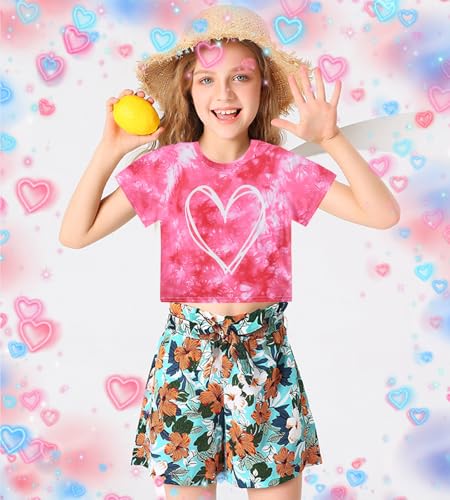 Image of Tkria Girl Crop Tops Valentine Short Sleeve Tshirt Tie Dye Heart Teen Girls Shirt Clothes 6-14 Years