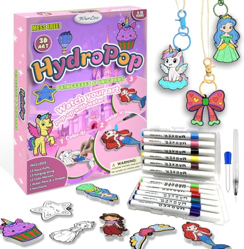 WurLoo Aqua Puffs 3D Art Kit for Kids, Easter Basket Stuffers, Mess-Free Paint by Number Crafts with Princesses & Unicorns, DIY Color & Inflate Activity Creative Set for Girls & Boys Ages 4-10
