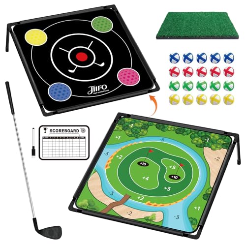 JIIFO Golf Chipping Game Set Double-Sided,Golf Practice Target Mat with 20 Sticky Balls and Golf Club- Portable Indoor-Outdoor Chipping Golf Gift for Men, Women & Family (1Pack)