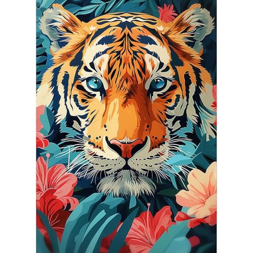 Image of HEIBAGO Tiger Diamond Art Kits for Adults, Diamond Painting Kits for Adults Beginners, 5D Full Drill Round Diamond Art Painting, DIY Diamond Dots for Adult for Home Wall Decor 12 x 16 Inch