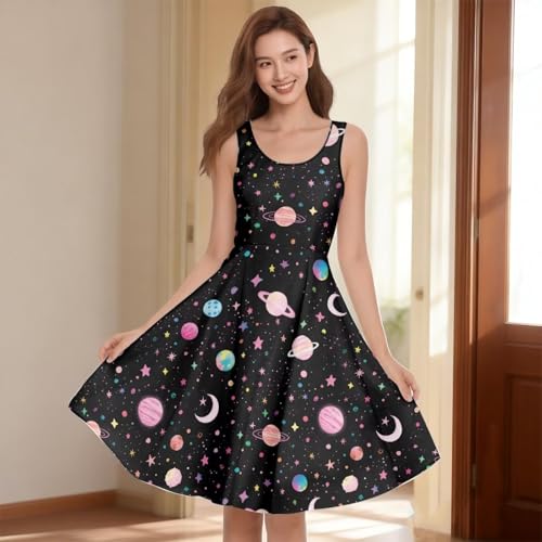 Image of Women's Casual Loose Sundress Midi Sleeveless Crewneck Dress Summer Beach Tank Dress with Pockets