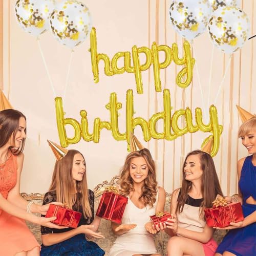 BEISHIDA Gold Happy Birthday Balloons Banner,16 Inch Mylar Foil Birthday Letters Balloons Sign Reusable Ecofriendly for Birthday Party Decorations