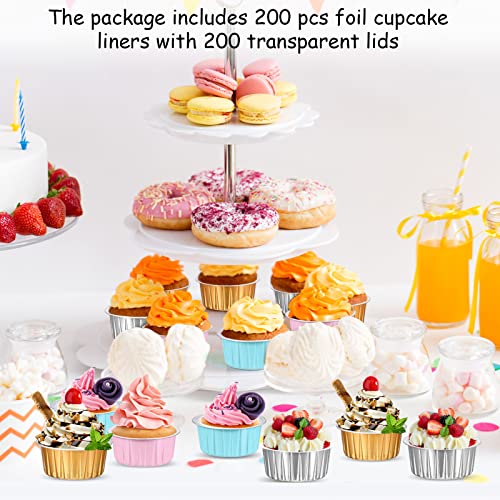 200 Pcs Aluminum Foil Baking Cups 5 Oz Cupcake Liners Containers With Lid 4 Colors Disposable Dessert Cups Creme Brulee Ramekins Muffin Cake Cheesecake Pan For Souffle Pudding Wedding Birthday Party #TOP5