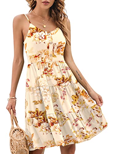 Image of YATHON Sundresses for Women Casual Summer Beach Sleeveless Spaghetti Strap Dress Button Down Ruffle Flowy Pleated Dresses