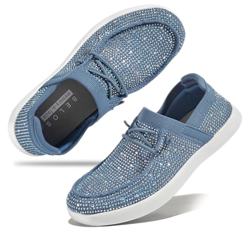 Image of BELOS Women's Rhinestone Lace Up Loafers Shoes Comfortable Slip On Mesh Knit Walking Shoes Fashion Lightweight Sparkly Glitter Sneaker