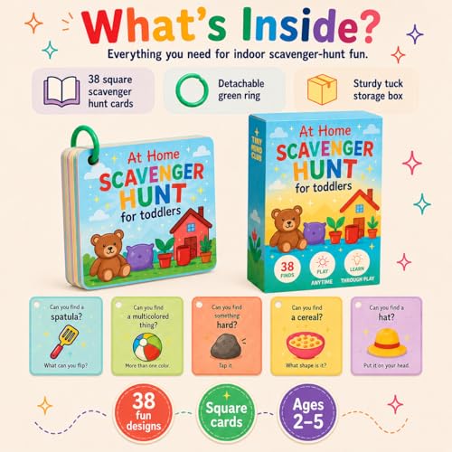 Tiny Mind Club Indoor Scavenger Hunt Cards for Toddlers Ages 3-5, Screen-Free Montessori Learning Game & Educational Flash Cards, At-Home Activity, 20 Double-Sided Cards on a Safe Ring - Image 2