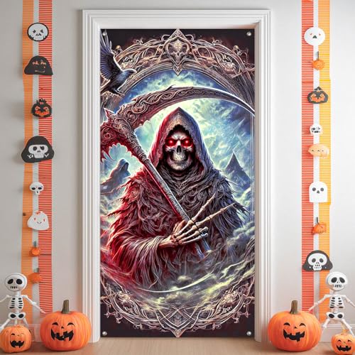 Image of BlissYard Door Cover Grim Reaper 35x71 Inch Polyester | Door Banner, Wall Decor | Grim Reaper Entry Accent, Gothic Scene Backdrop | Porch, Hallway, Party (Gothic Art)