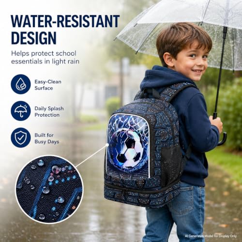Image of HPJGD 2-in-1 Kids Backpack for Boys, 17 inch Soccer Elementary Bookbag Set with Built-in Lunch Compartment, Water-Resistant School Bag for Preschool - Thrash Net Soccer