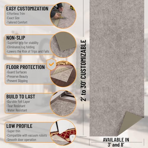 Ottomanson 3\' x 9\' Non-Slip Rug Pad Gripper 1/4 Inch Thick Dual Surface Felt + Rubber Gripper - Safe for All Floors, Brown - Thumbnail 2