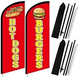 HunnmingRe 2 Set Hot Dogs Banner and Burgers Feather Flag Pole Kits, Advertising Swooper Flag with Pole and Ground Stake for Business, Restaurant, Outside Ground(7 ft)