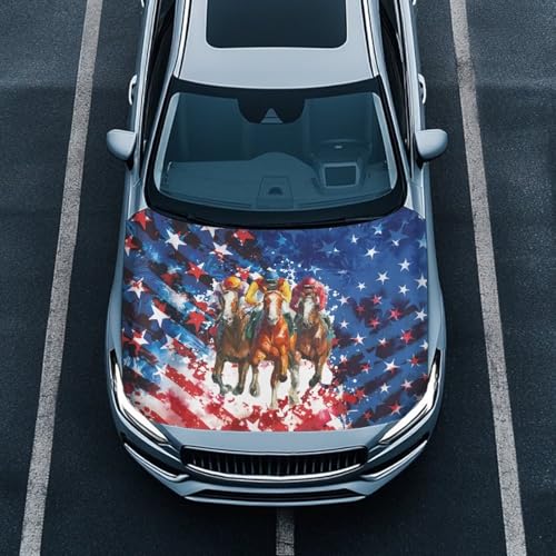 Image of Car Hood Cover, Car Hood Wrap Blankets Auto Banner Elastic Polyester Horse and American Flag Automotive Accessories for Compact Cars Sedans SUV Trucks (59x39 Inch)