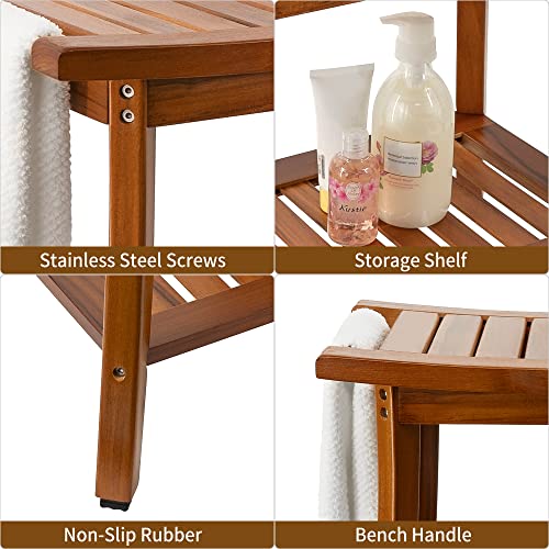 Utoplike Teak Shower Bench Seat With Handles, Portable Wooden Spa Bathing Stool With Storage Towel Shelf, 22" X 13" X 18.6",Waterproof,Perfect For Indoor And Outdoor Use #TOP3