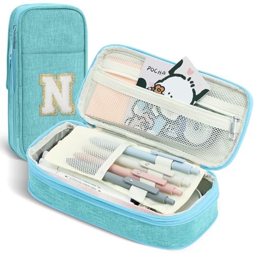 Image of Preppy Pencil Case for School Supplies, Large Initial Pencil Pouch with Zipper, Cute Pencil Bag for Office Supplies, Aesthetic Pen Case Box for Kids Teen Girls Women - N(Blue)