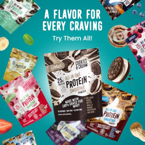 Image of FlavCity All in One Protein Shake Powder, Cookies and Cream - On the Go Meal Alternative + Collagen Peptides, Reishi & Cordyceps - Focus, Skin, Hair & Joint Support - 100% Grass Fed Whey, 20 Servings