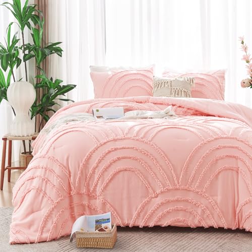 ENJOHOS Pink Queen Size Comforter Bedding Set for College Teen Girls - 3 Pc Tufted Bed Set with...