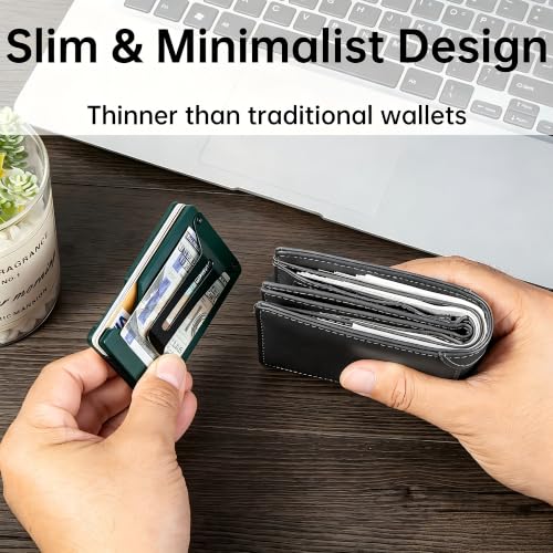 Image of Minimalist Carbon Fiber Wallet for Men, Money Clip Cash Strap Wallet, RFID Blocking Metal Wallet Aluminum Card Holder,Front Pocket Wallet(Matte Forest Green)