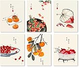 Japanese Style Fruits Poster Lucky Good Harvest Quote Canvas Print Chinese Painting Wall Art Picture Living Room Kitchen Decor (SKU9-6PCS,20 x28inch=(50 x70 cm),Unframed)