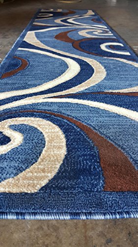Modern Runner Contemporary Area Rug Blue Brown Carpet King Design 144 (2 Feet X 7 Feet 3 Inch) #TOP1