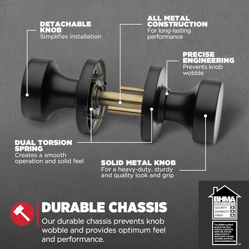 Image of Kwikset Pismo Interior Passage Door Knob, Handle for Closet and Hallway Doors, Non-Locking Doorknob in Matte Black, with Microban Protection (Pack of 12)