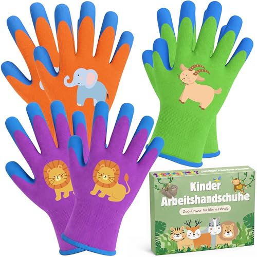 ZWEIUND Kinder Arbeitshandschuhe 3 Paar Gartenhandschuhe mit Latexbeschichtung rutschfest & atmungsaktiv Schutzhandschuhe für Kinder 212 Jahre Größen SL mehrfarbig (S)