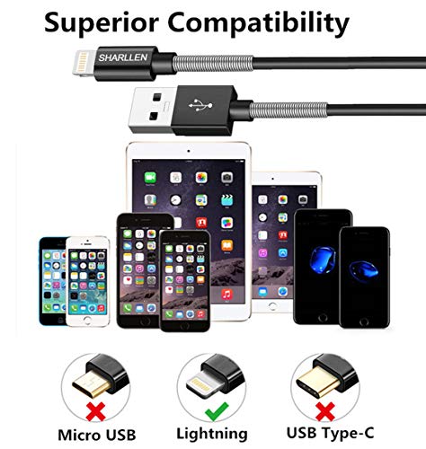 Iphone Cable,Sharllen Metal Spring Iphone Charger Cable Lightning Cable 3Ft/6Ft/10Ft Long Charging&Syncing Iphone Charging Cord Data Wire Compatible Iphone 11/Xs/Max/X/8/8Plus/7/7P/6/6 P/6S/Ipad Black #TOP4