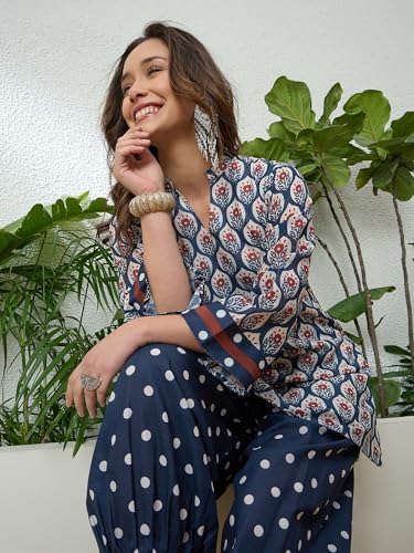 Image of EthnicJunction Women's Linen Floral Print Summer Wear Straight Short Kurti with Afghani Pant Set | Co Ord Set for Women Stylish | Fusion wear Women
