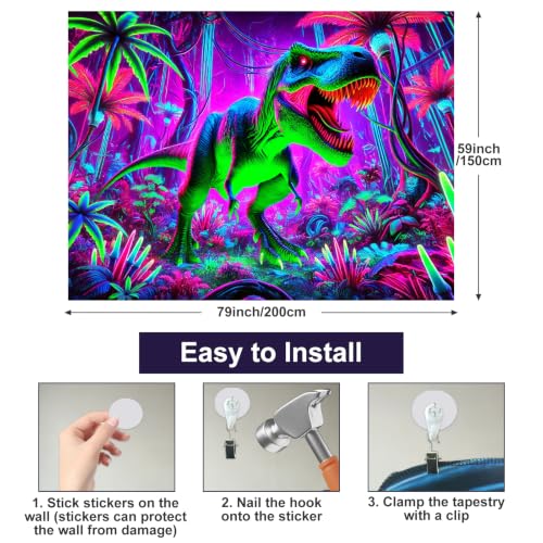 Image of BlissYard Blacklight Tapestry 78x59 Inch Neon Dinosaur Wall Hanging Glow in the Dark Jungle T Rex Poster UV Reactive Psychedelic Dinosaur Decor for Boys Bedroom Dorm Gamer Wall Art Decoration