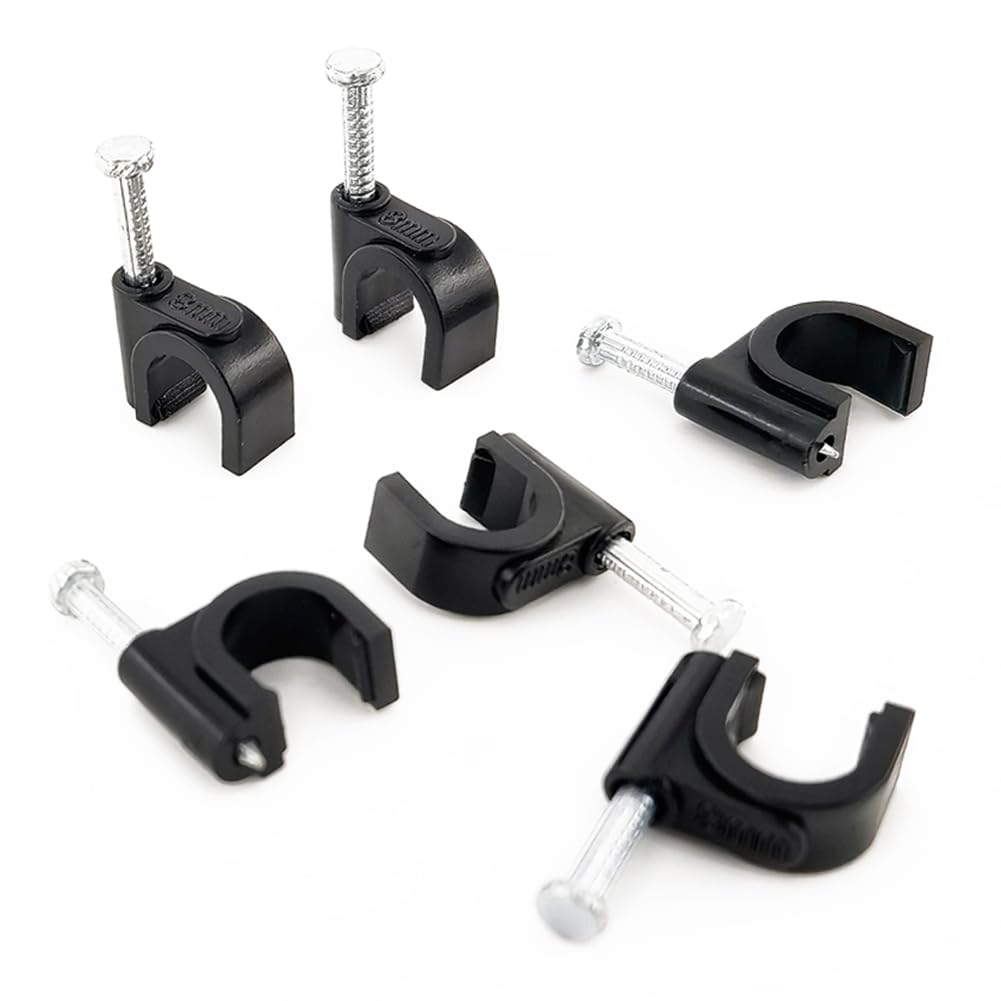 HS Kabel-Clips, 8 mm, mit Stahlnagel, 200 Stück, schwarz, Ethernet-Management, U-förmige Kabelklammern, Haken für Außenwand, Koaxialkabel Cat7 RG8 Kabelverlängerungsbefestigungen