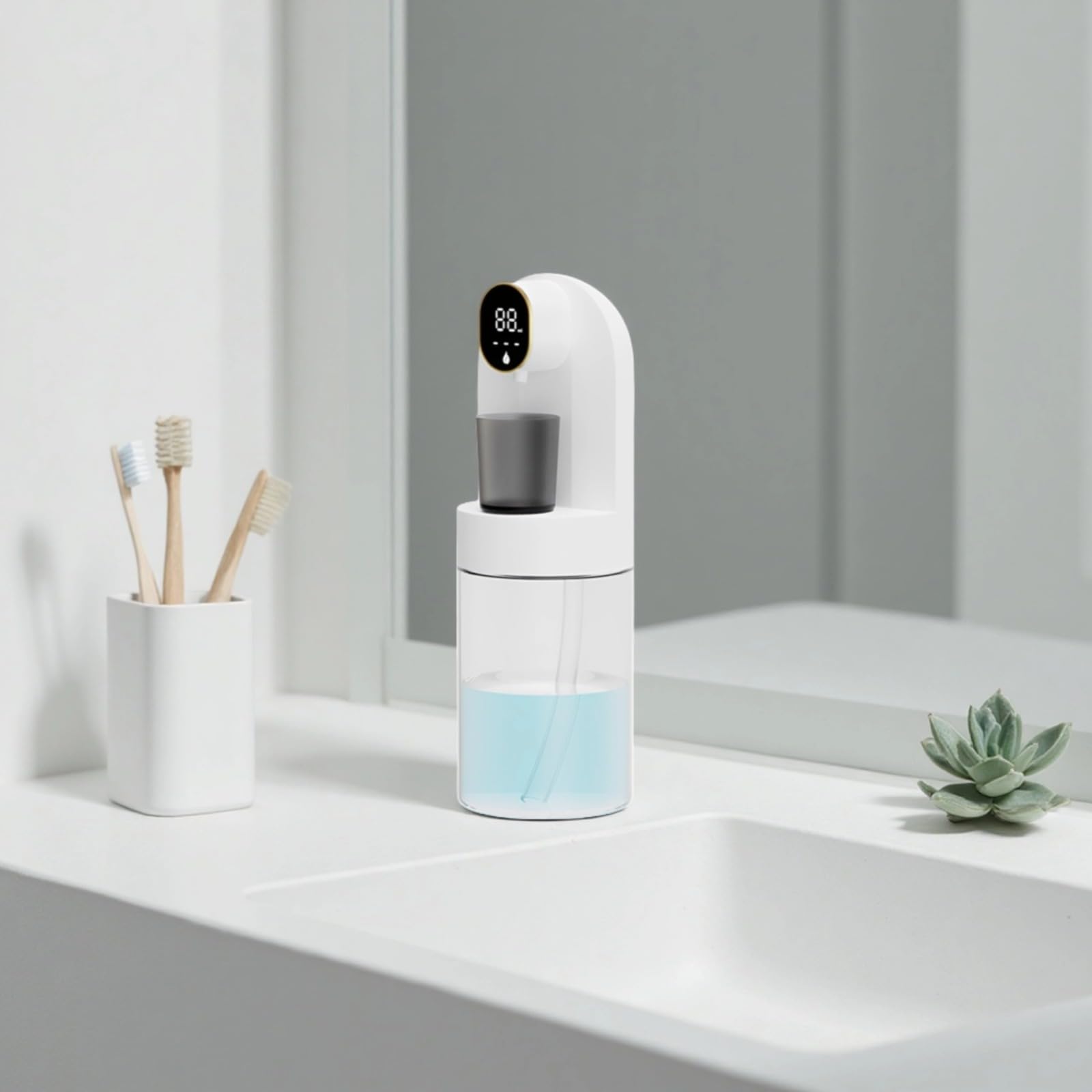 Automatischer Mundspülungsspender für das Badezimmer, berührungsloser Spender mit Becher und starker Haftkraft, 600 ml, 4 einstellbare Mengenstufen, für Tisch und Waschtisch, Weiß