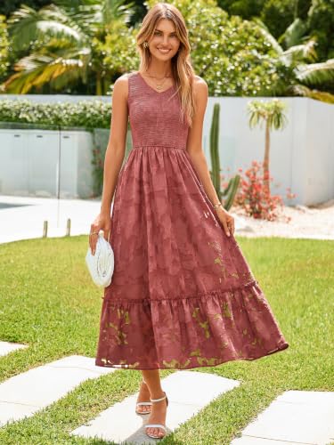 Image of Simplee Womens Semi Formal Dresses for Wedding Guest Floral Lace Midi Dress | Floral lace, Modest, Midi length, Sleeveless, V neck, Smocked empired waist, Semi formal wedding guest dress, Baptism dress