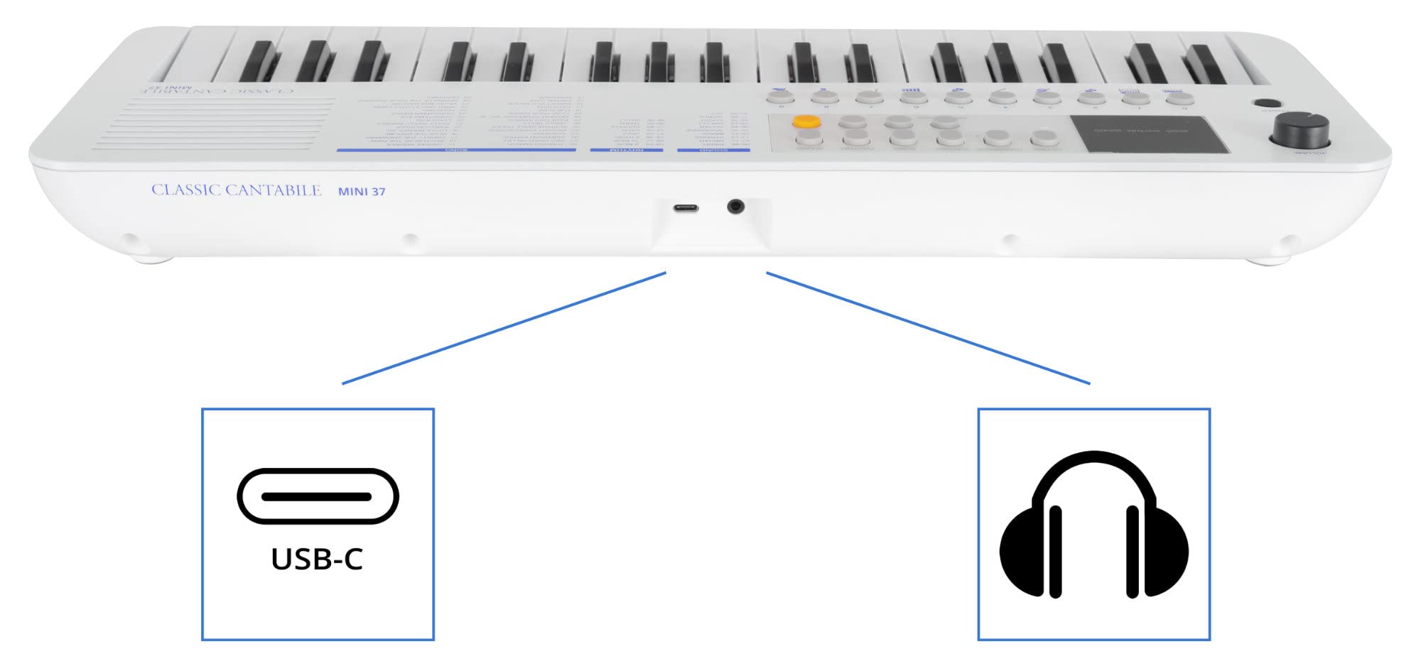 Classic Cantabile MINI-37 Keyboard - 37 Mini-Tasten - Stromversorgung über USB-C oder Batterien - 100 Sounds und Rhythmen - USB-MIDI - Lautsprecher und Kopfhörerausgang - weiß-blau