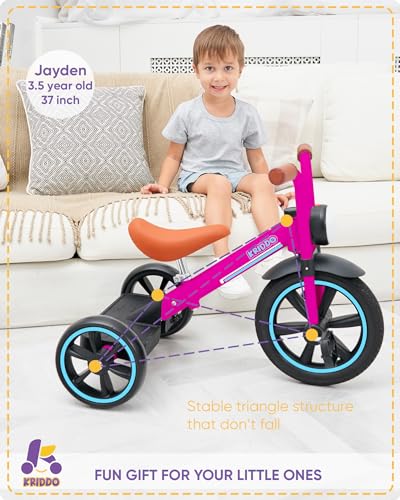 Image of KRIDDO Kids Tricycle, 12 Inch Puncture Free Rubber Wheel w Front Light, Adjustable Seat Height, Gift for 2-5 Year Olds, Pink