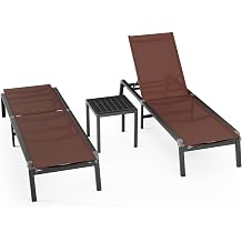 Patio Lounge Chair, Aluminum 5-Position, 2 PCS with Table,Brown | Lightweight rustproof aluminum. Foldable. Breathable quick-dry fabric. Full flat recline each. Poolside, deck, beach, lawn.