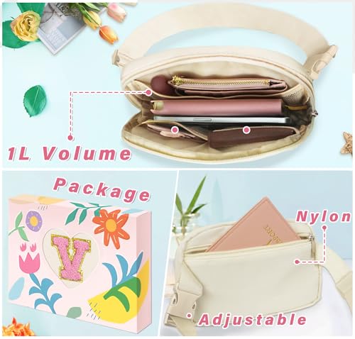 Image of COSHAYSOO Valentines Birthday Initial Gifts for Women Teen Girls 5 6 7 8 9 10 11 12 13 14 Year Old Ivory Fanny Pack for Girls Belt Bag Crossbody Travel Purse Unique Trendy Cute Stuff Chenille Letter V