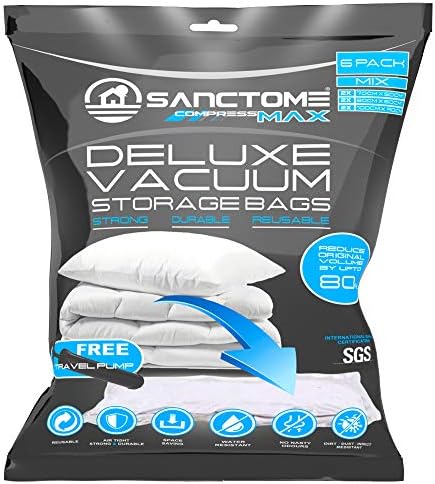 SANCTOME Deluxe Compression Max Reusable Airtight Vacuum Storage Bags With Hand Pump Perfect For Underbed Storage Solutions, Vacuum Storage Bags For Clothes, Moving Bags 6 Pack (2M, 2L, 2XL)