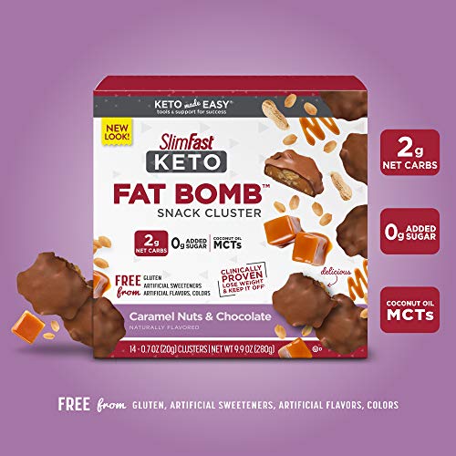 SlimFast Low Carb Chocolate Snacks, Keto Friendly for Weight Loss with 0g Added Sugar & 6g Fiber, Caramel Nuts & Chocolate, 14 Count Box (Pack of 4) (Packaging May Vary)