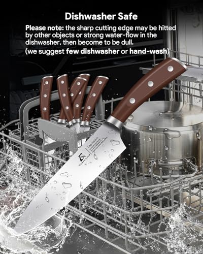 CoquusAid Knife Set, 15 PCS Kitchen Knife Block Sets with Sharpener, 6 Steak Knife Set Serrated with Block, Forged German Stainless Steel Rust Proof Knives, Dishwasher Safe, New Beveled Design, Brown - Image 6