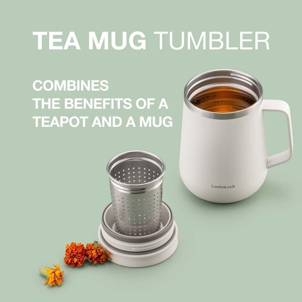 LocknLock Metro Tea Mug Violet 13oz/400ml, Tea and Coffee Mug Cups with Tea Infuser Strainer, Lid and Handle, Double Wall Stainless Steel Vacuum Insulated Travel Tumbler