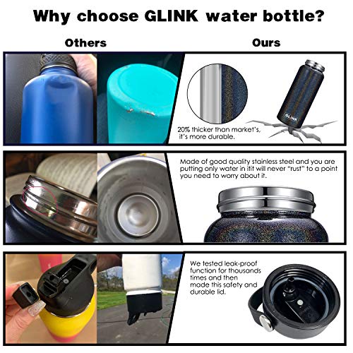 Glink Stainless Steel Water Bottle with Straw, 32 oz Wide Mouth Double Wall Vacuum Insulated Water Bottle Leakproof, Straw Lid and Spout Lid with New Rotating Rubber Handle - Thumbnail 6