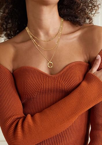Layered Choker Necklaces, 14k Gold Plated/Sterling Silver Stackable Circle Pendant Chain Necklace Set4