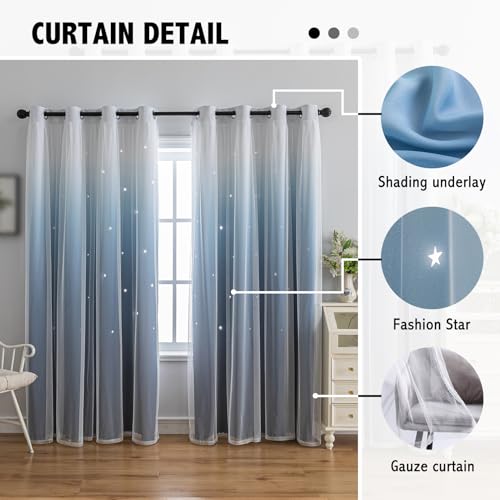 Image of indistar Colourful Stripe Star Cut-Out Blackout Curtains for Bedroom,2 Layers Mix Design of Fabric & Tulle,Pretty Window Curtain for Kids Room 1 Panel (W52 x L95 Dark Blue)