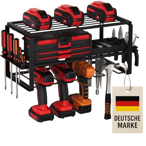 TollTool 3-stöckige Werkzeug-Wandhalterung – Wandregal zur Aufbewahrung von bis zu 4 Elektrowerkzeugen – Werkzeugspeicher für Garage, Werkstatt, Keller – robuster Werkzeug-Organizer aus Metall