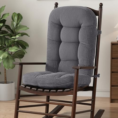idee-home Rocking Chair Cushions Indoor, Glider Rocker Replacement Cushions with Removable Corduroy Cover, Wooden Rocking Chair Pad High Back, Non-Slip Bottom Tufted Seat Pads with Ties, Grey