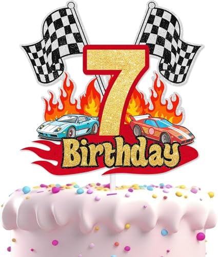 Decoración Tarta Coche Carreras, Topper Tarta Cars, Decoracion Pastel Coches, Cake Topper Coche, Deco Pastel de Feliz Cumpleaños con Bandera a Cuadros y Tema Carreras para Niños de 7 años