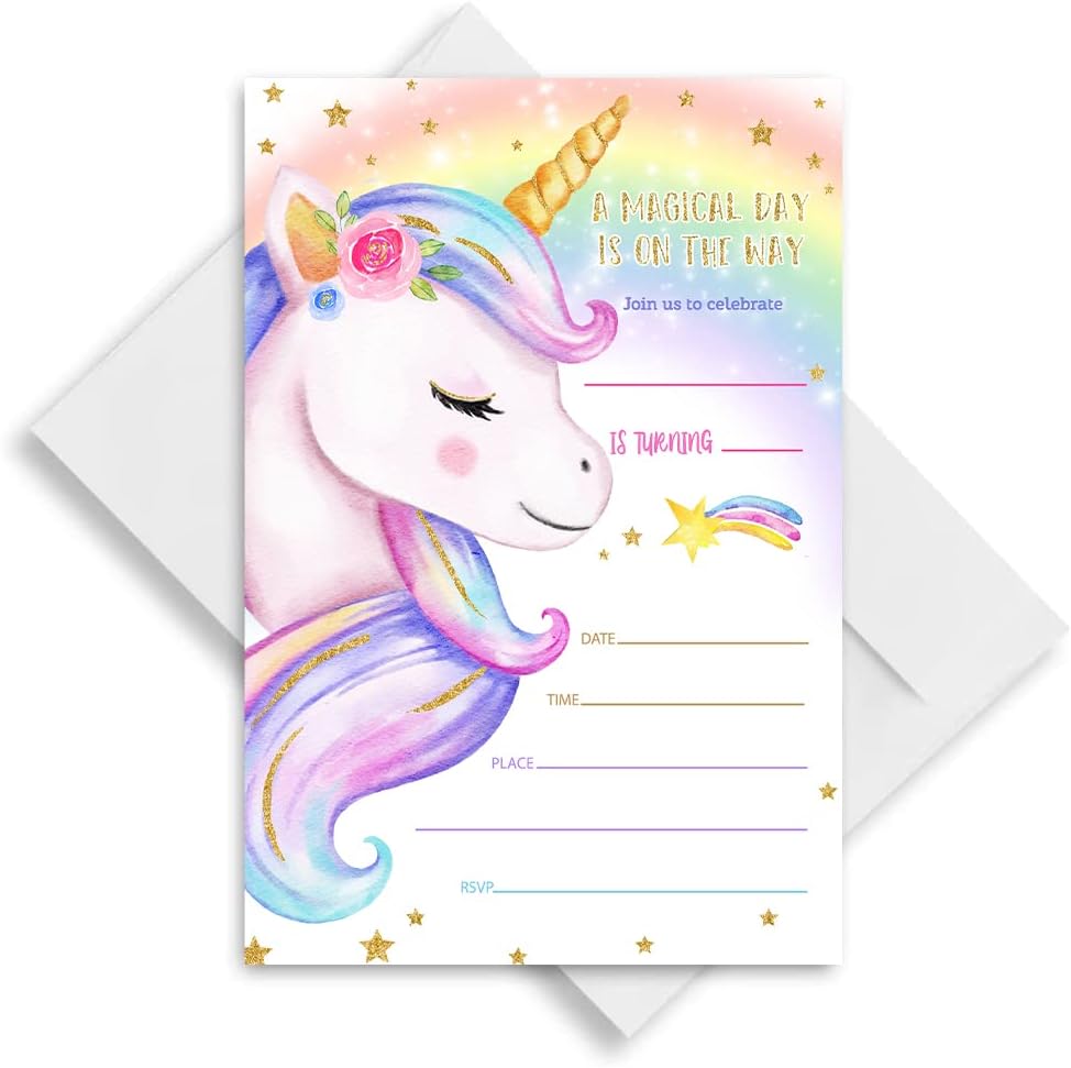 Rainbow Unicorn Birthday Party Supplies, Unicorn Invitations For Girls Birthday, Rainbow Unicorn Invitations. (069)
