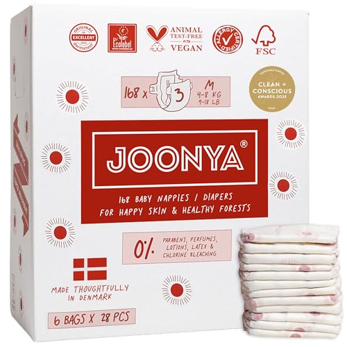 Image of Joonya Baby Diapers, Size 3 M (9-18 lb) - 6 Bags of 28 (168) - Non Toxic, Eco-Friendly, High Absorbency, Overnight Use, Ultra Slim & Soft - Made in Denmark