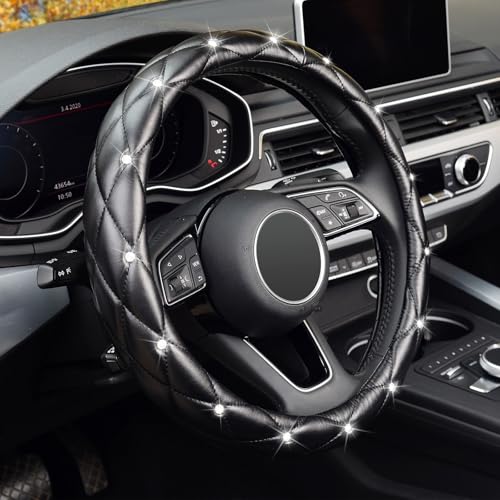 KAFEEK Diamond Soft Leather Steering Wheel Cover with Bling Bling Crystal Rhinestones, Universal 15 inch Anti-Slip, Car Interior Accessories for Women Girls, Black